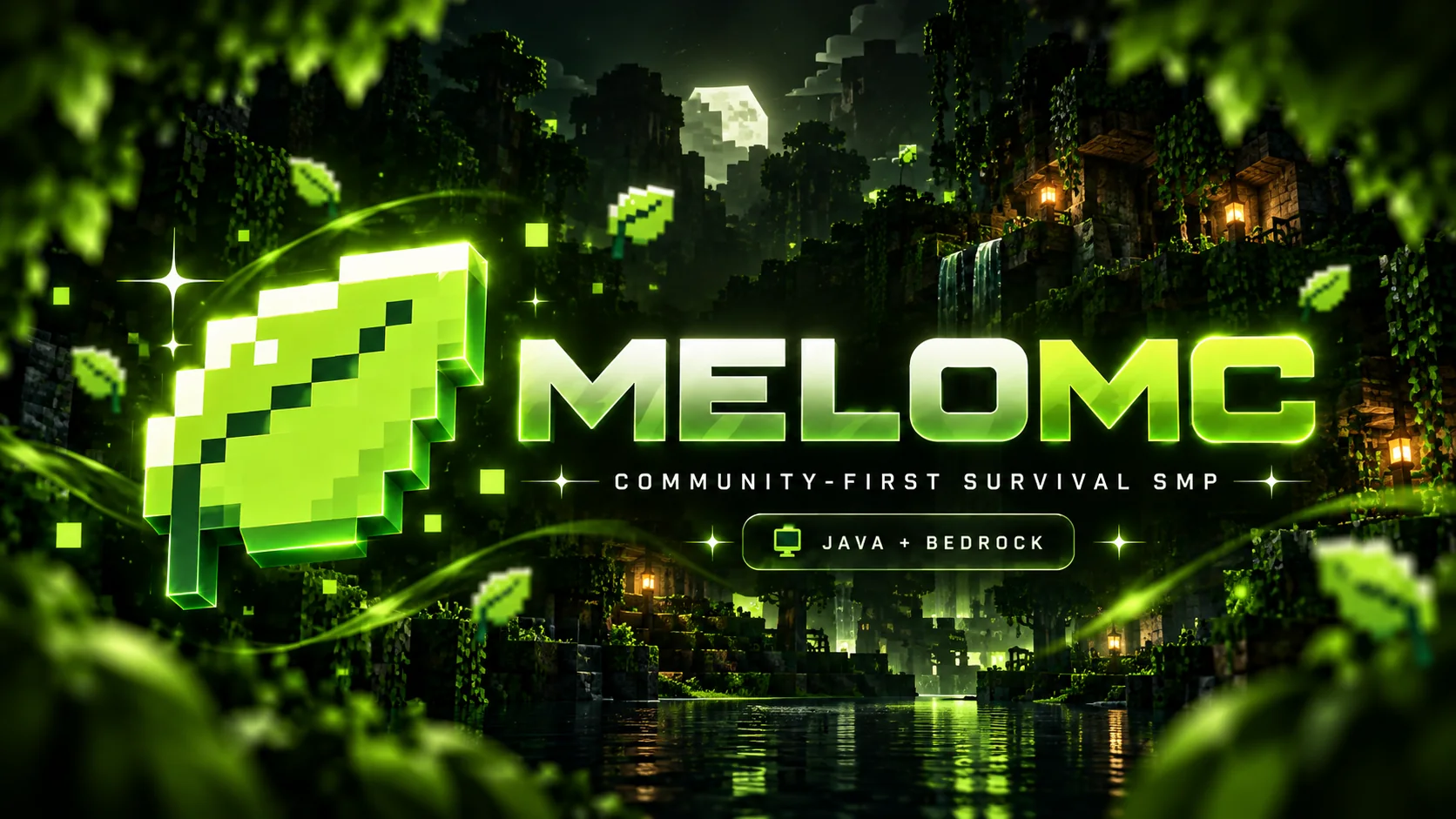 MeloMC glowing green leaf and title in a cinematic Minecraft-inspired forest